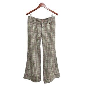 Vintage Free People Brown Plaid Wide Leg Flare Pants Size 6 Wool 90s Y2K School